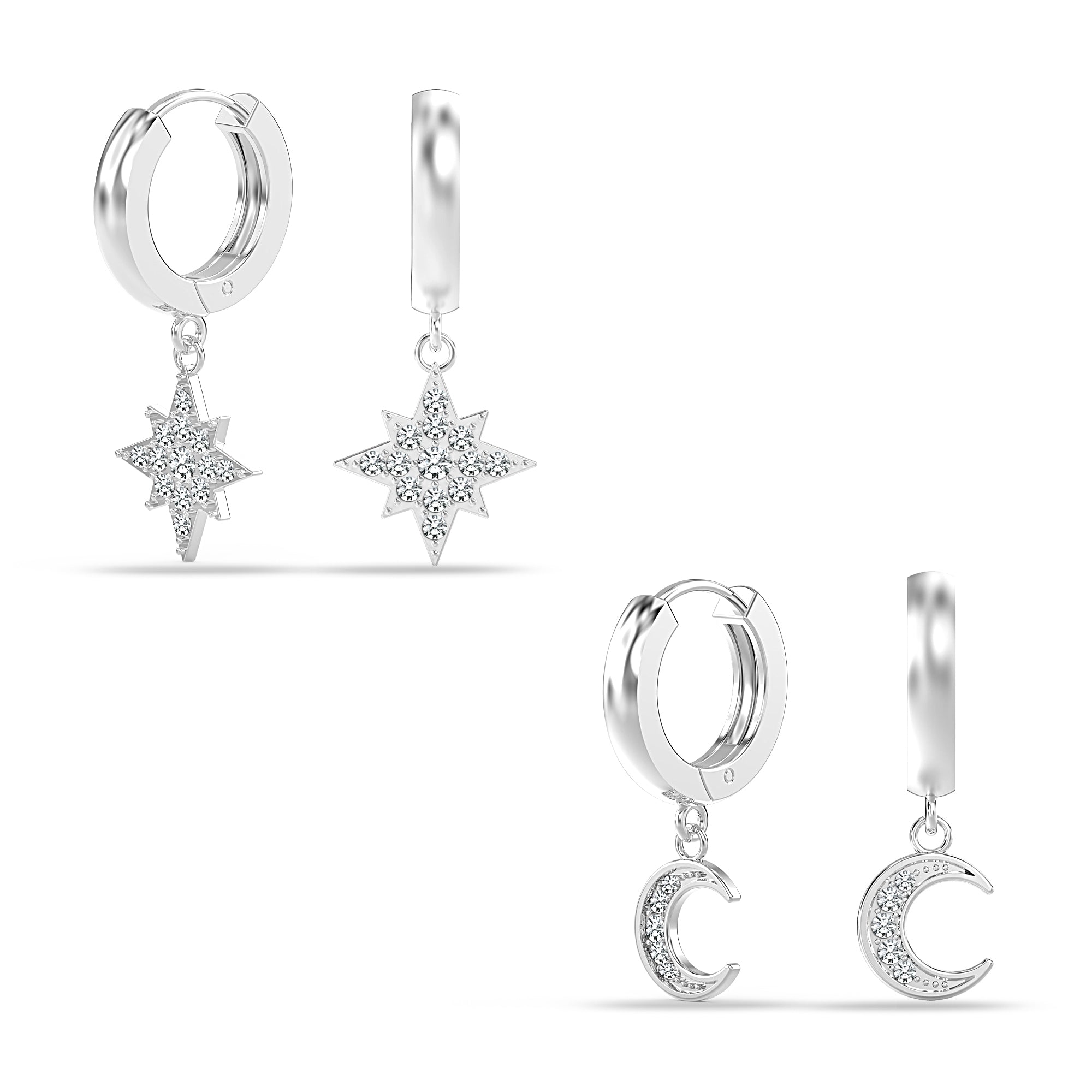 925 Sterling Silver 2 Pairs Moon Star Dangle Hoop Earring CZ Drop Huggie Earring Set for Women