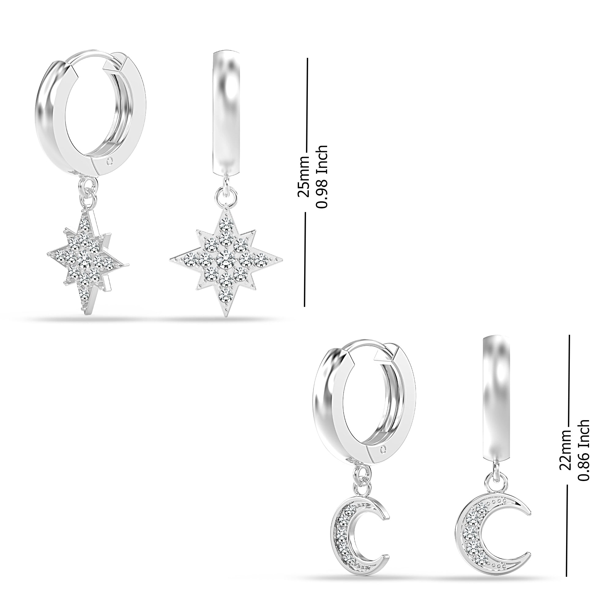 925 Sterling Silver 2 Pairs Moon Star Dangle Hoop Earring CZ Drop Huggie Earring Set for Women