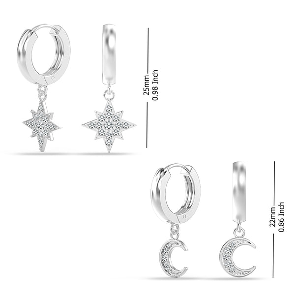 925 Sterling Silver 2 Pairs Moon Star Dangle Hoop Earring CZ Drop Huggie Earring Set for Women