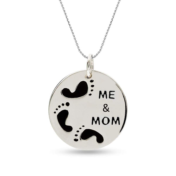 925 Sterling Silver Round Disc with Foot Print Me and Mom Engraved Pendant with Cable Chain for Women