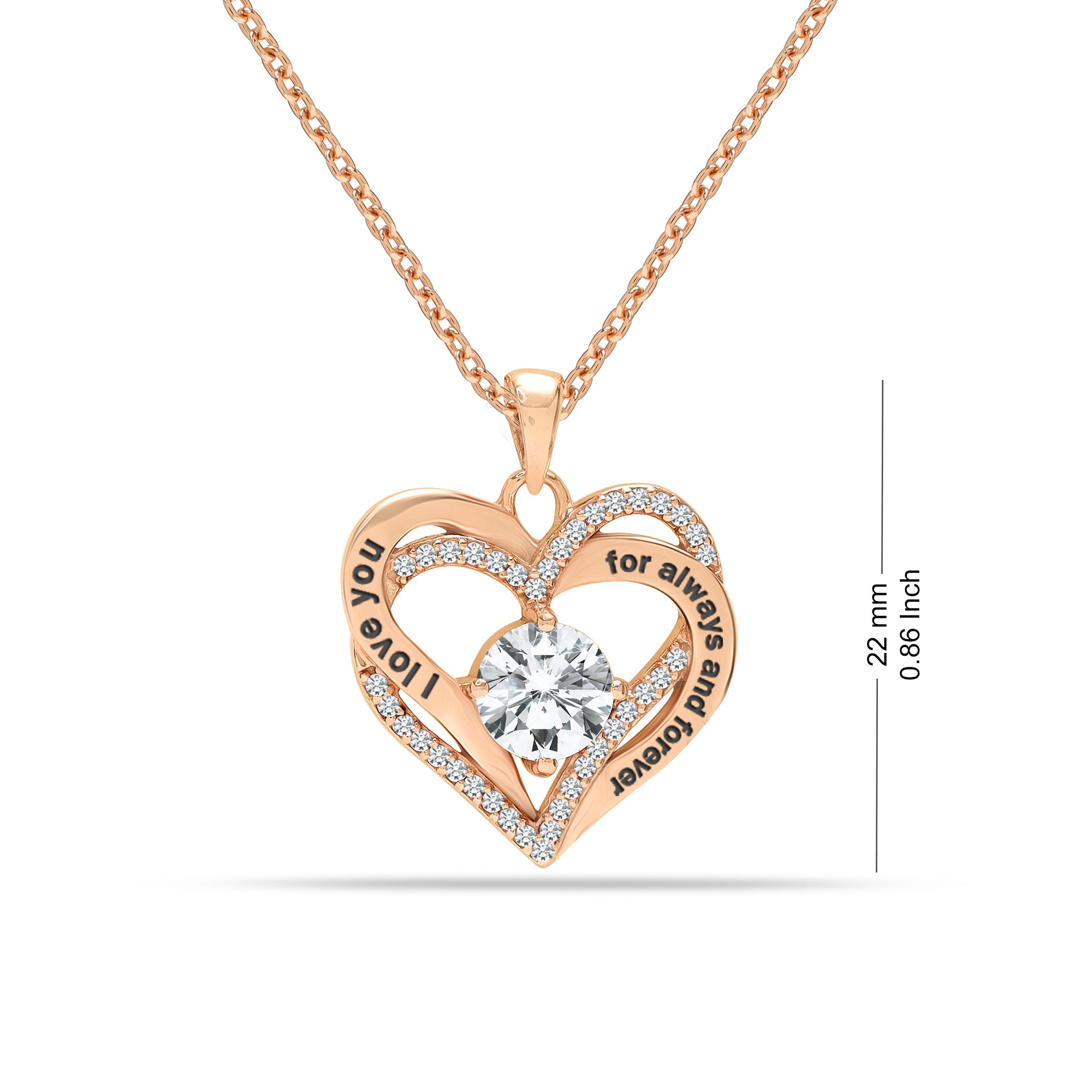 925 Sterling Silver Rose Gold-Plated I Love You Always and Forever CZ Heart Pendant Necklace for Teen Women