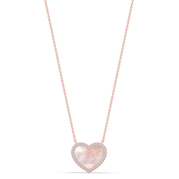 925 Sterling Silver Rose Gold-Plated Mother of Pearl CZ Pave Heart Pendant Necklace for Teen Women