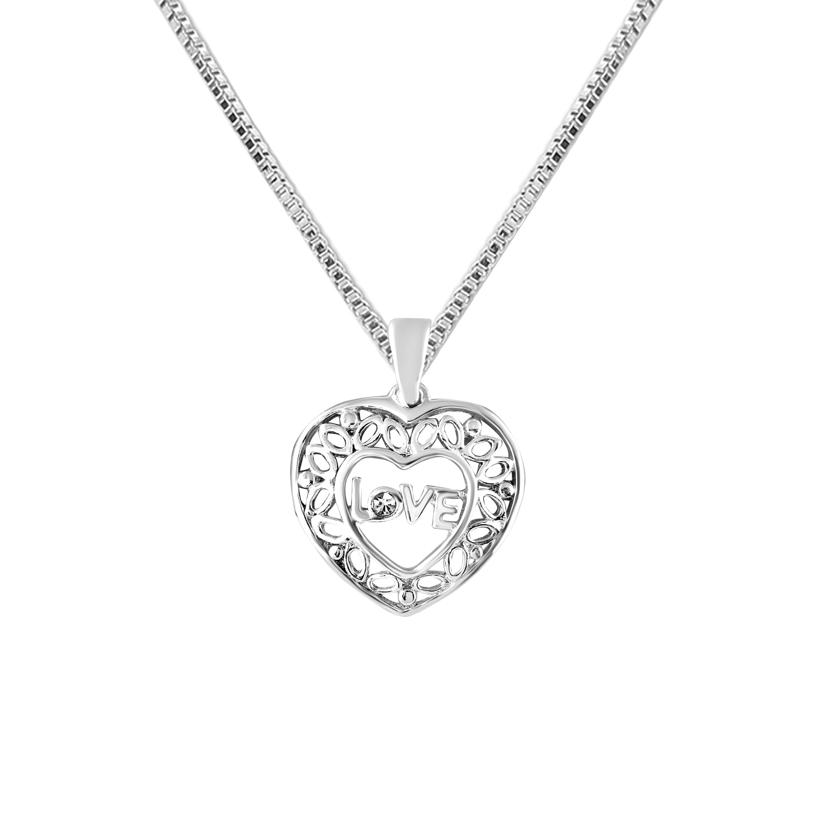 925 Sterling Silver Double Heart CutWork LOVE Pendant Necklace for Teen Women