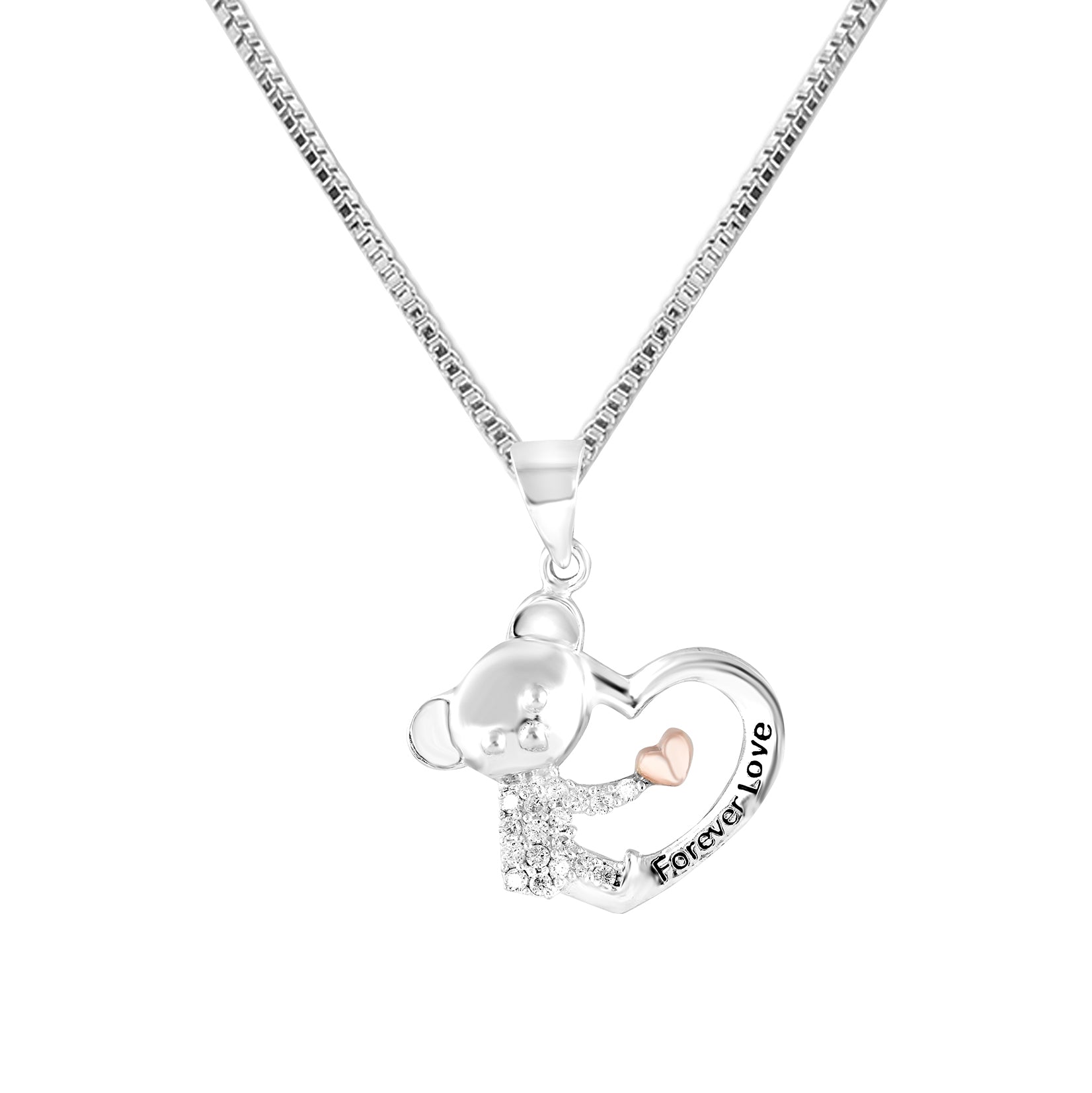 925 Sterling Silver CZ Teddy Bear Pendant Necklace for Teen Women