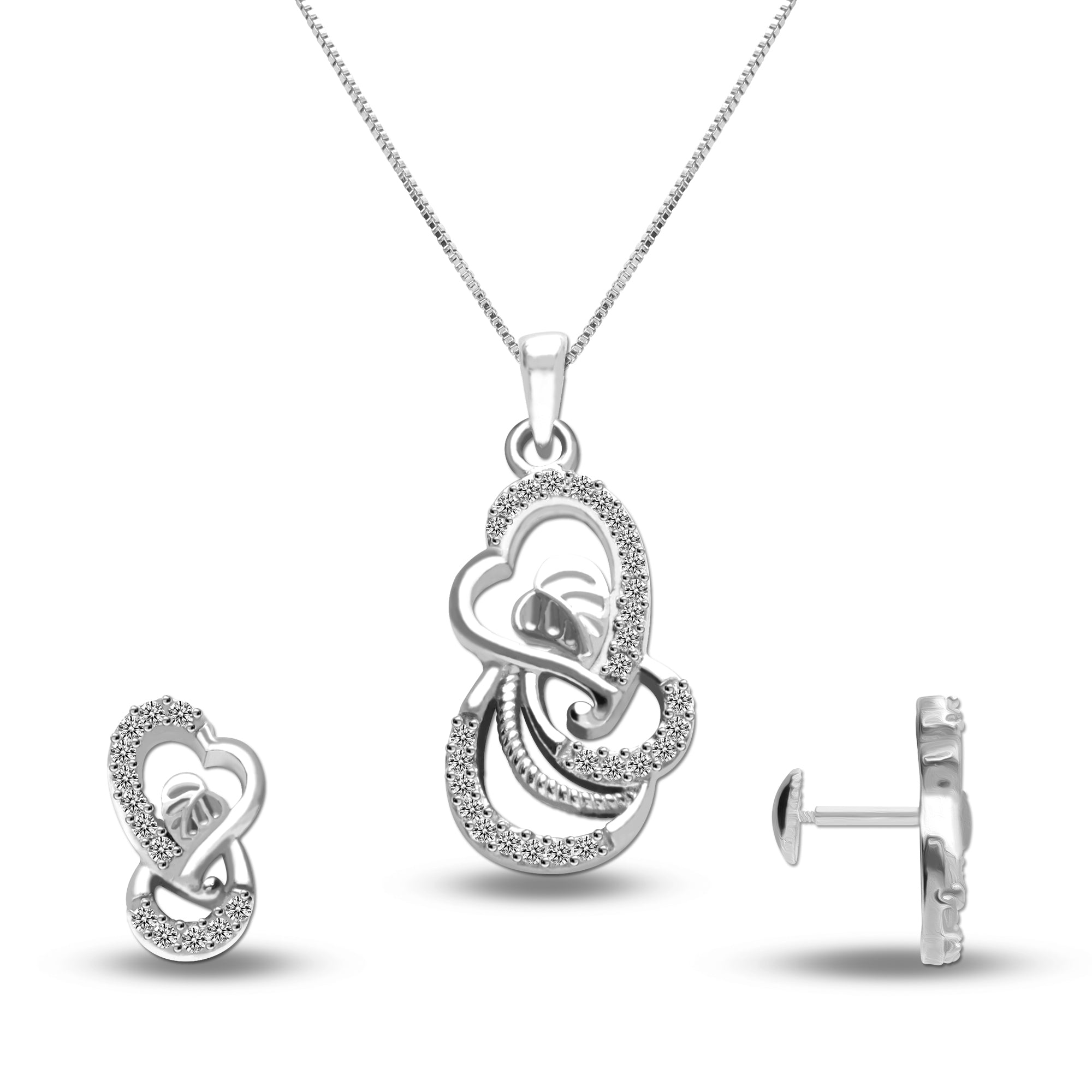 925 Sterling Silver Studded Heart Necklace Set